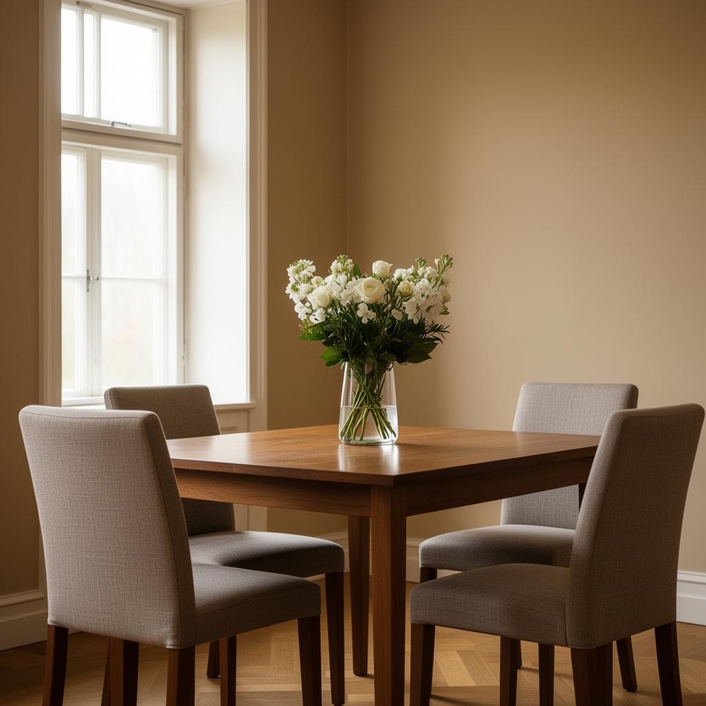 Lugnt mötesrum hos en begravningsbyrå med vita blommor på bordet